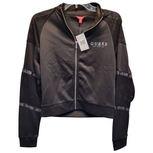 NWT Womens Guess Jet Black 'Echo' Mock Neck Bomber Jacket Satin Finish - Size M